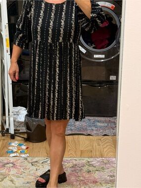 Black Floral Stripe Mini Dress with Elbow Sleeves